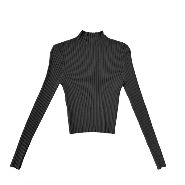 BLACK RIBBED MOCK NECK SWEATER || ALI GOLDEN